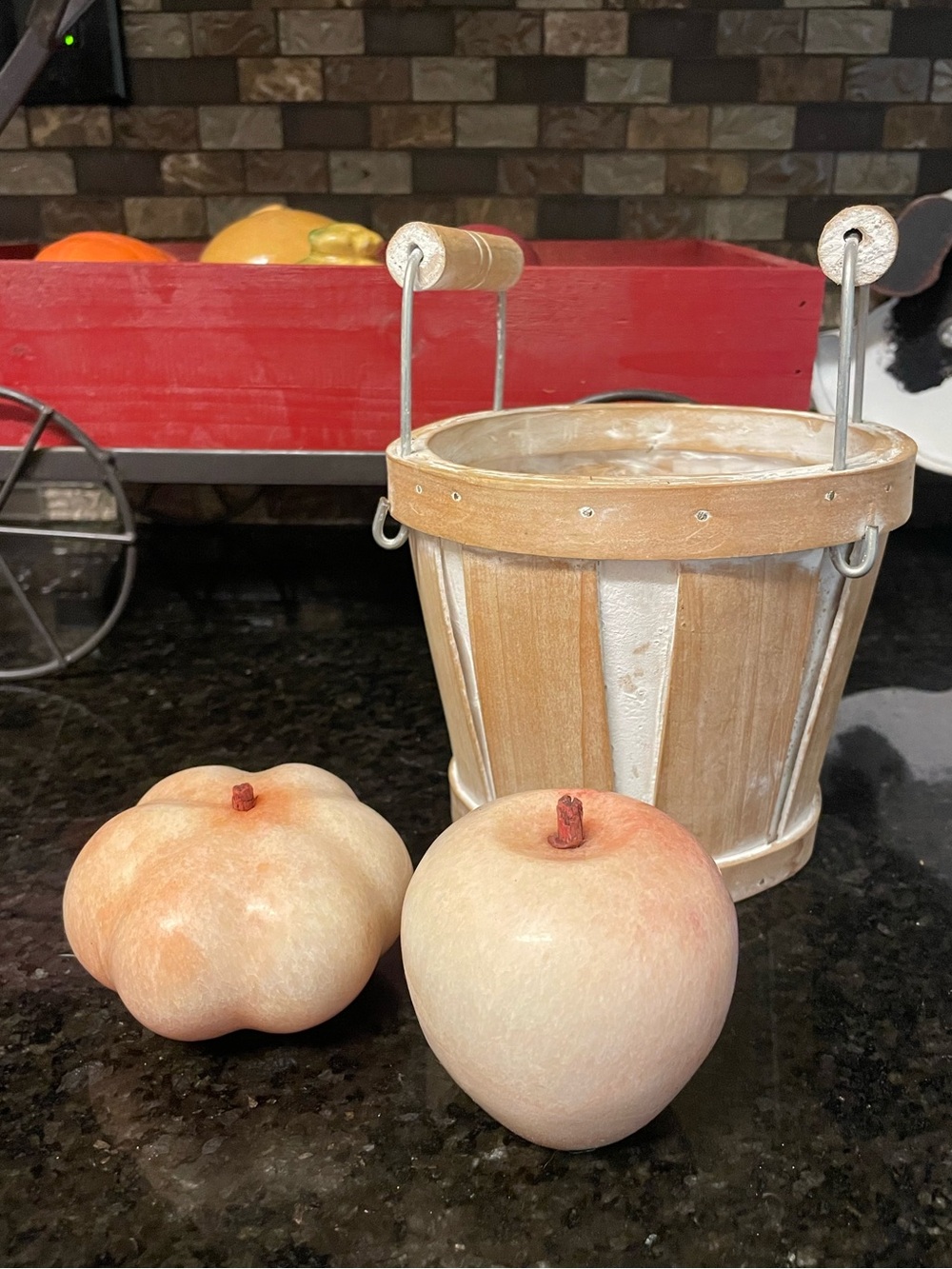 Vintage Carved Stone Alabaster Fruit Paperweight Set Apple Pumpkin & Basket